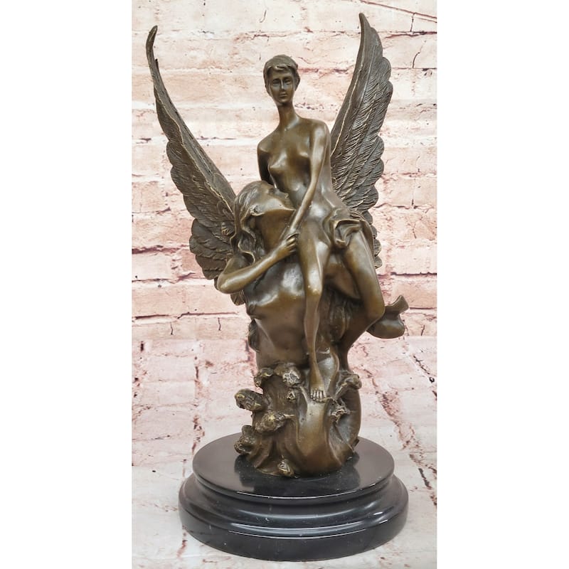 Romantic Bronze Angel Sculpture – Embrace Of Two Winged Figures On Marble Base