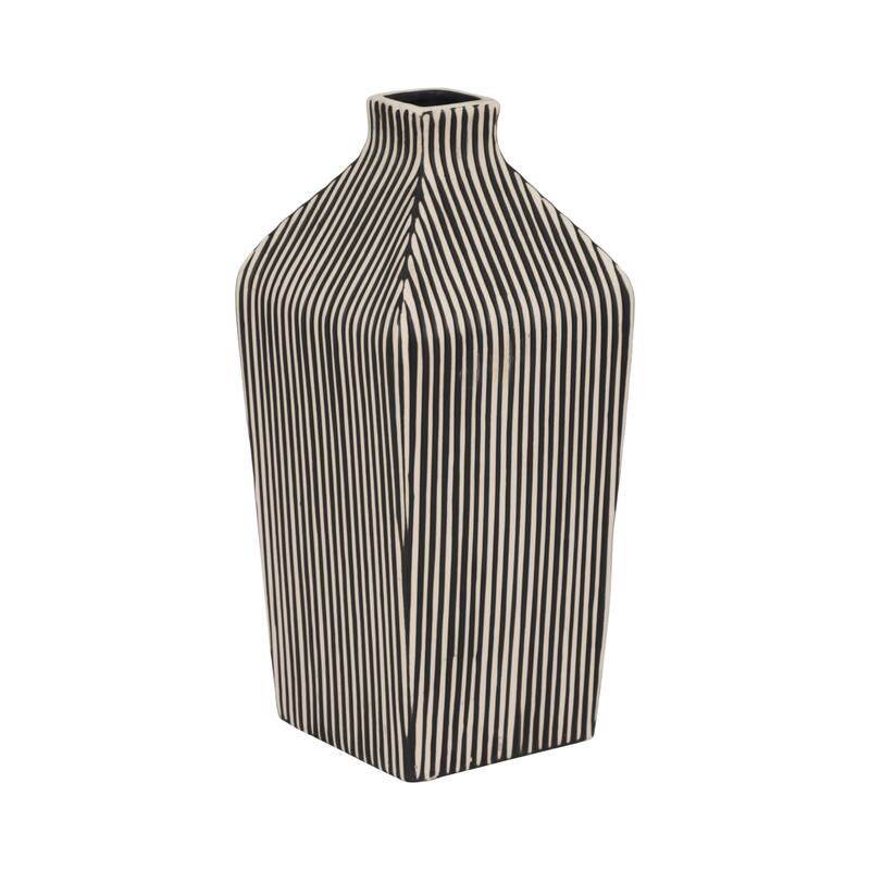 Sagebrook Home Lines Square Stoneware Vase in Black and White Finish, Unique Design