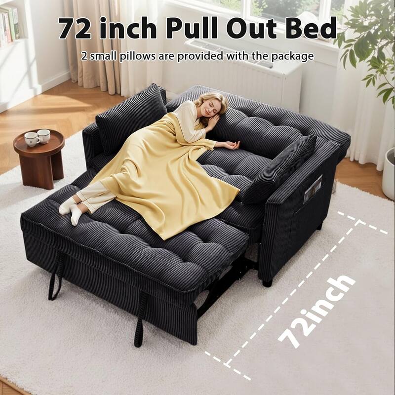Sleeper Sofa Bed, 52" Convertible Pull Out Couch with Small Table,USB Port,Side Pockets,Corduroy Fabric,Adjustable Backrest