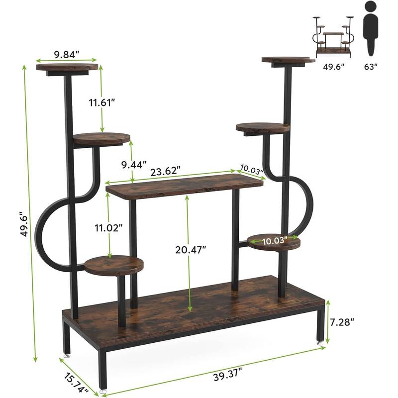 Black-Brown Metal and Wood 8-Tier Corner Plant Stand with Mixed Shelves - 39.37” x 15.74” x 49.6”