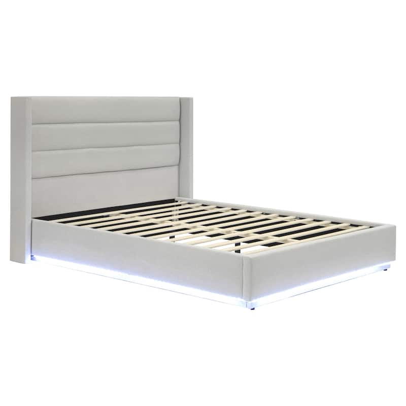 Greige Bed Frame Queen Size Platform Bed with Ambient Lighting on Footboard Side Rails, Linen Fabric Corner Wingback Bed