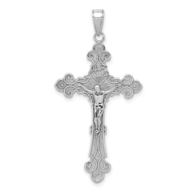 Curata 14k White Gold 18" Textured INRI Crucifix on Fleur de Lis Cross Necklace - 20x43mm
