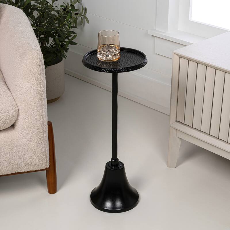 Irida 24" Art Deco Designer Pedestal Drink, End Table w/ Hammered Top, Bell Base, By JONATHAN Y - Antique Black