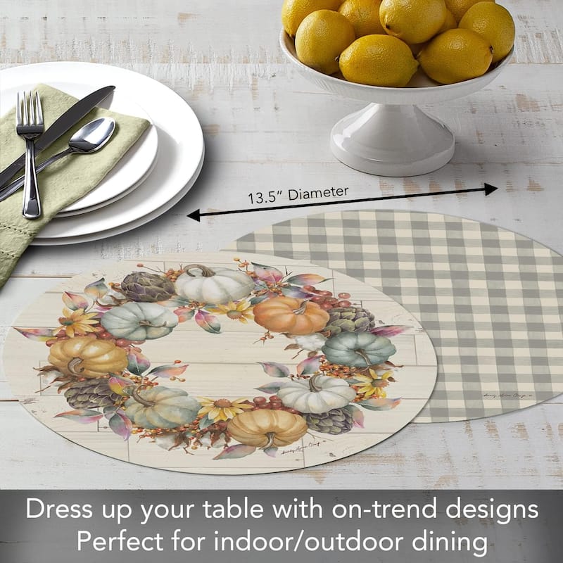 Pumpkin Time Round Reversible Easy Care Flexible Plastic Placemat 4 Pack Made in The USA