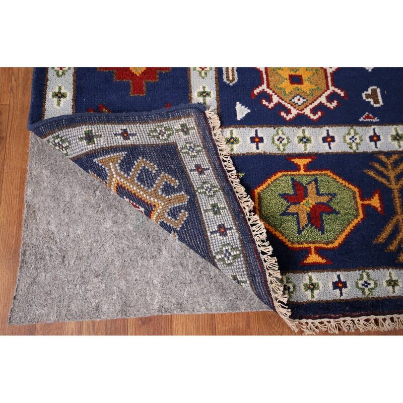 Navy Blue Geometric Kazak Oriental Area Rug Handmade Wool Carpet - 8'8" x 11'11"