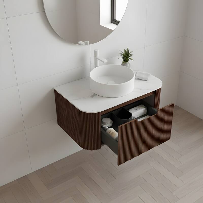 Wall Mounted Bathroom with White Round Ceramic Basin and Drawer