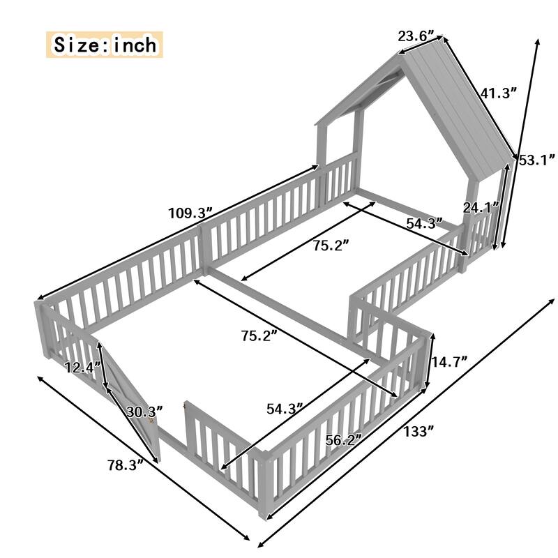 Full Size House Floor Bed, Double Full Floor Bed with Door and Full-length Guardrails, Multi-function Design