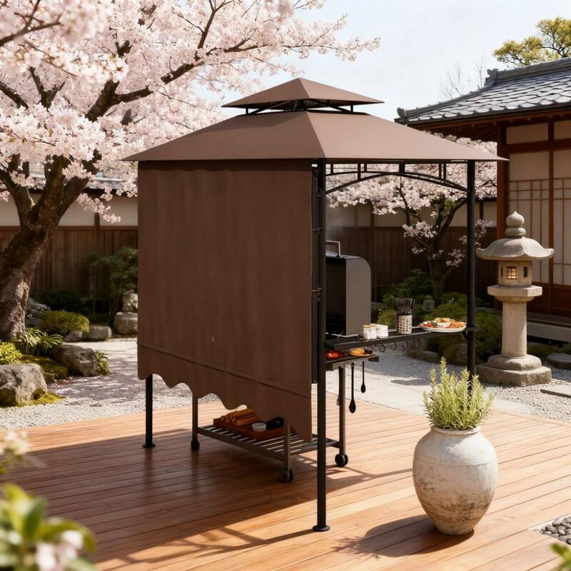 GDFStudio - Harrison Functional Outdoor Grill Gazebo Shelter with Adjustable Awning and Utility Design - Brown