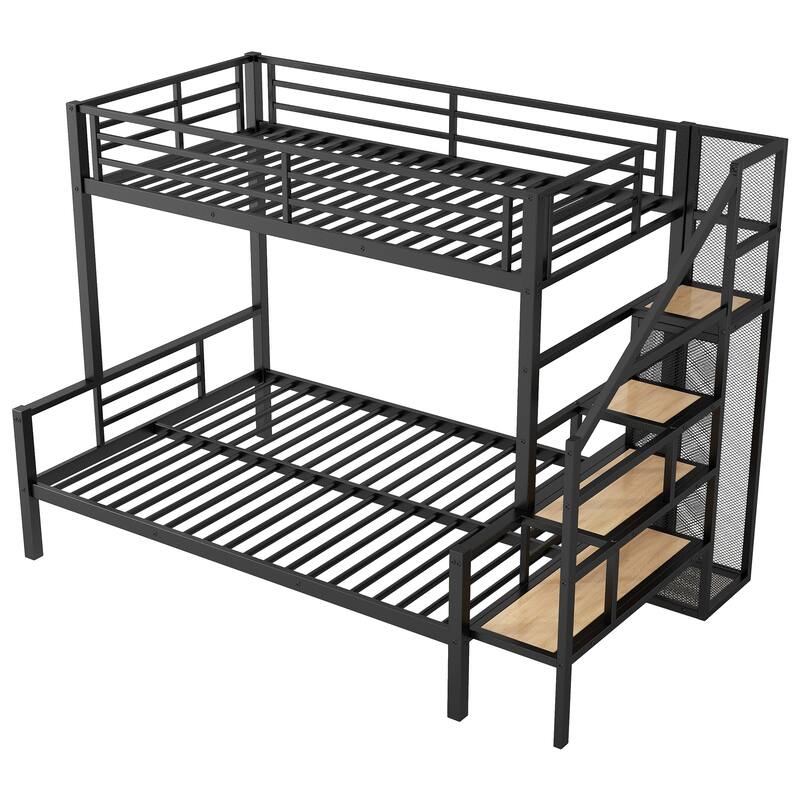 Twin over Full Metal Bunk Bed with Storage Stairs and Wardrobe, Black