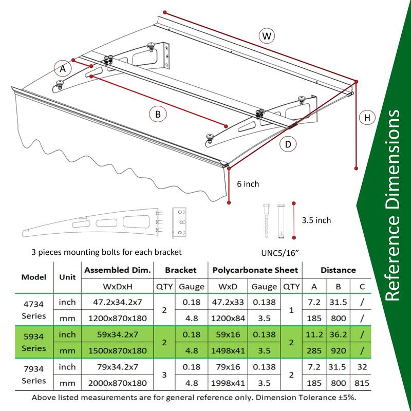 Series Door Window Awning Canopy Made of 0.137 Inch Thick Crystal Solid Polycarbonate Sheet and Aluminum Alloy with Valance
