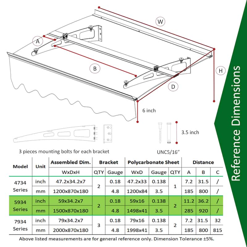 Series Door Window Awning Canopy W59"xD34" Made of 0.137Inch Thick Virtually Crystal Solid Polycarbonate Sheet with Polyester