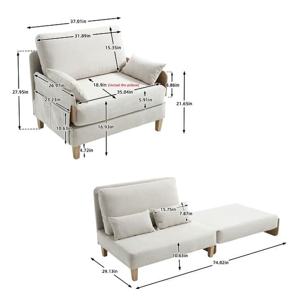 dimension image slide 2 of 5, Chenille Upholstered 3-in-1 Convertible Sleeper Foldable Sofa Bed Recliner Chair with 3 Pillows