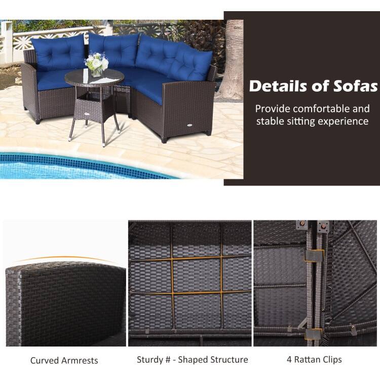 4 Pieces Patio Rattan Furniture Set Cushioned Sofa Glass Table - 49.5" x 23" x 29"