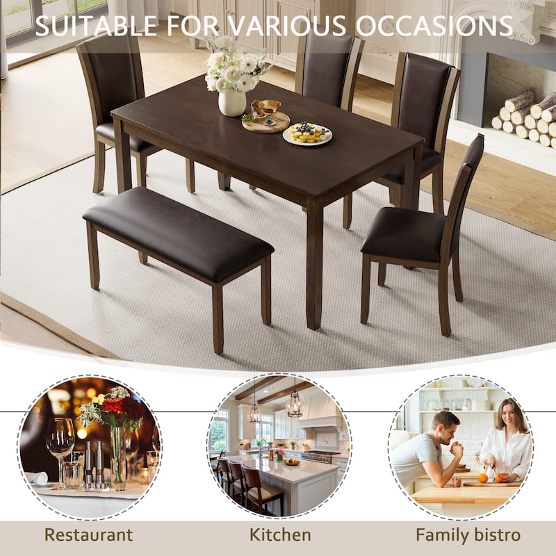 6 Piece Dining Table Set, Wooden Kitchen Table Chair Set with Rectangular Table, Bench and 4 Upholstered Chairs