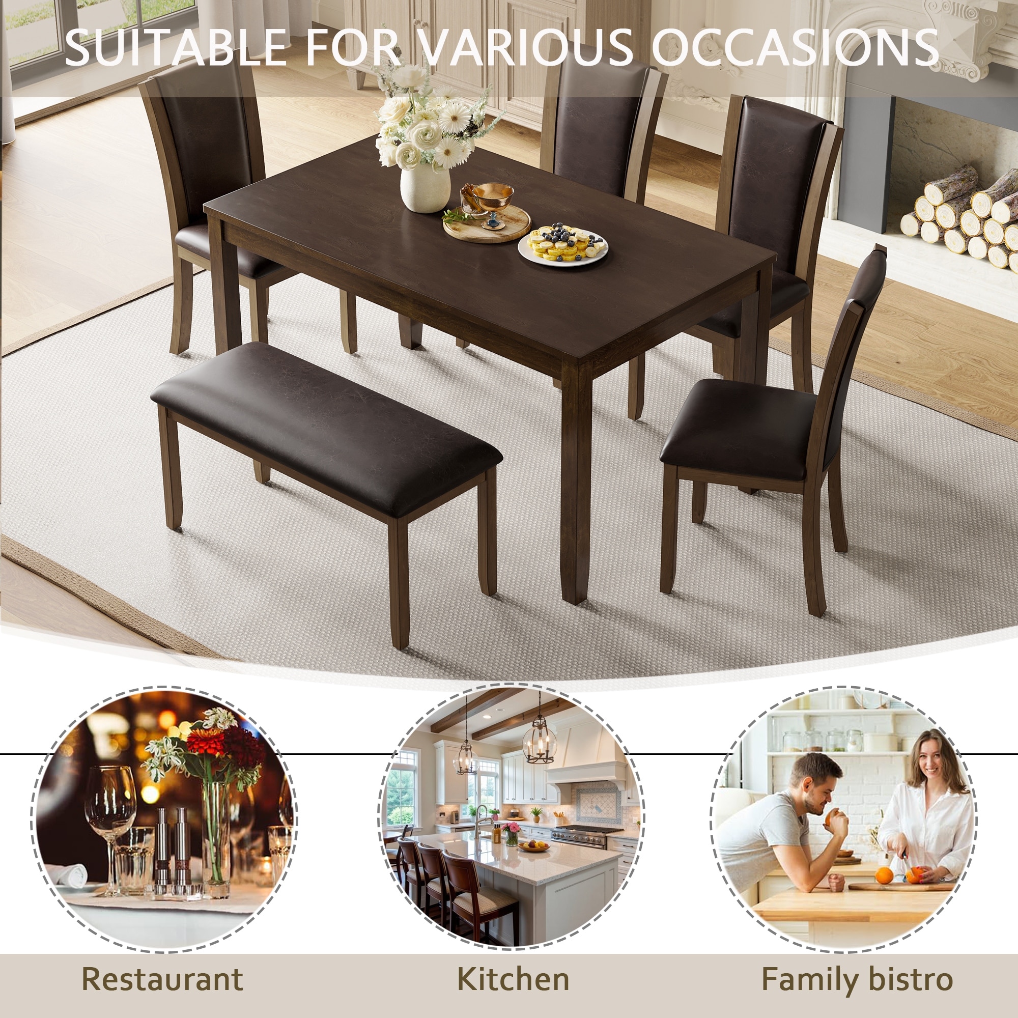 6 Piece Dining Table Set, Wooden Kitchen Table Chair Set with