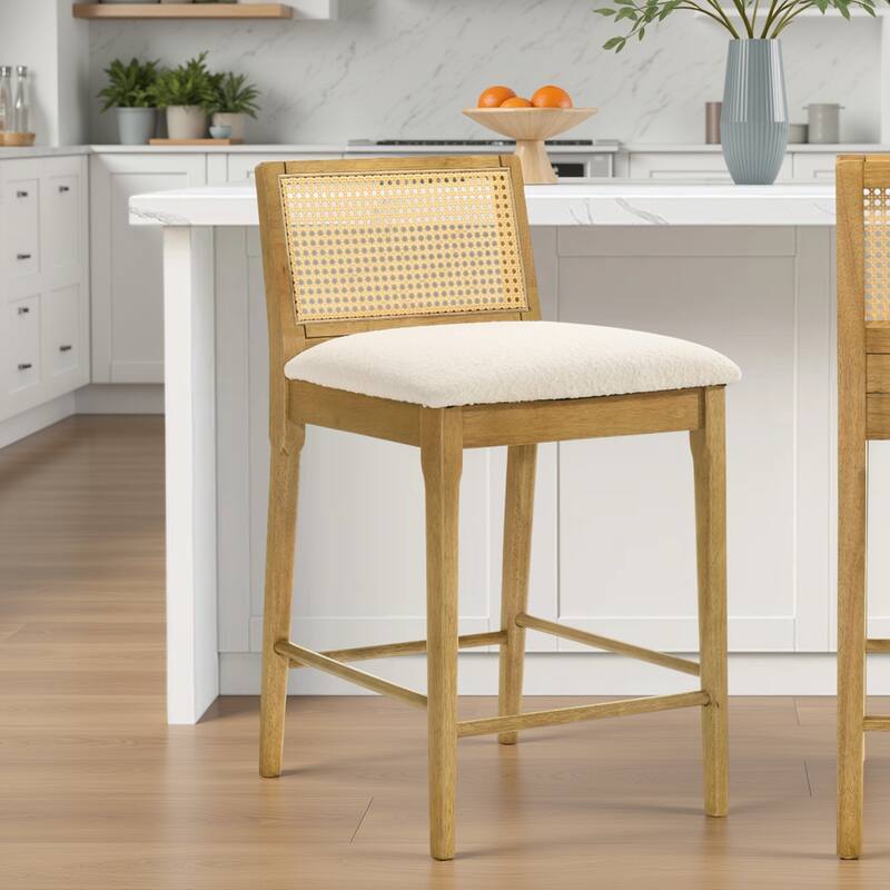 Tobias Rattan and Wood Bar Stool, Counter Height Kitchen Stool with White Boucle Fabric Upholstered Seat