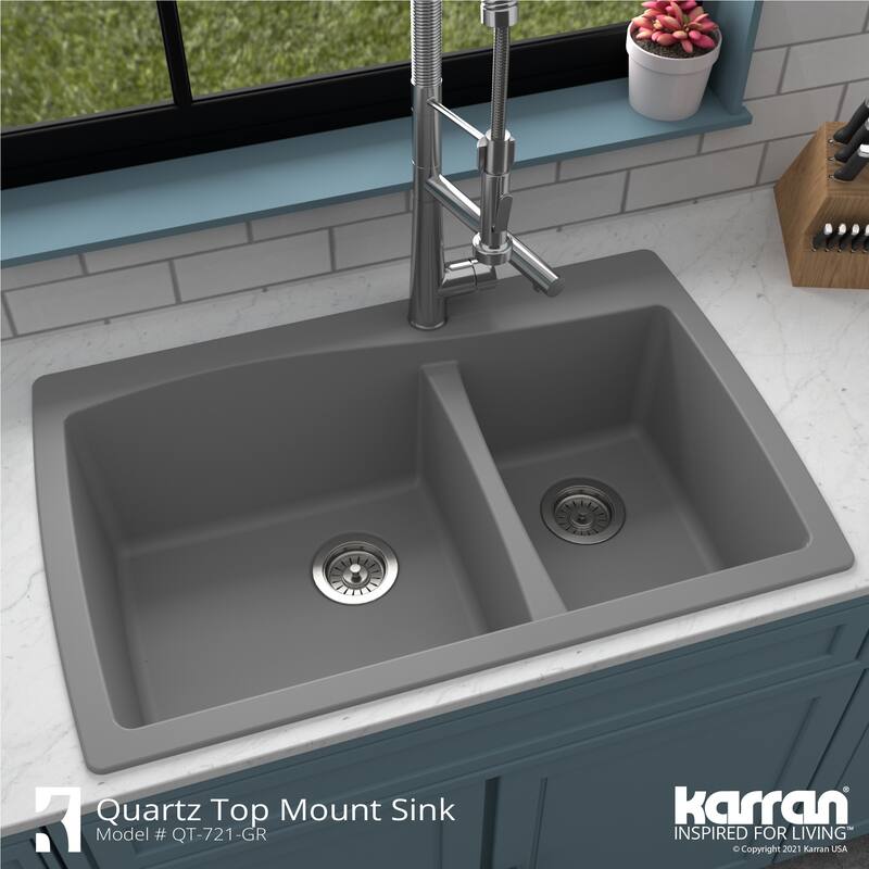 Karran Drop-In Quartz 34 in. Double Bowl 60/40 Kitchen Sink With Bottom Grids and Strainers