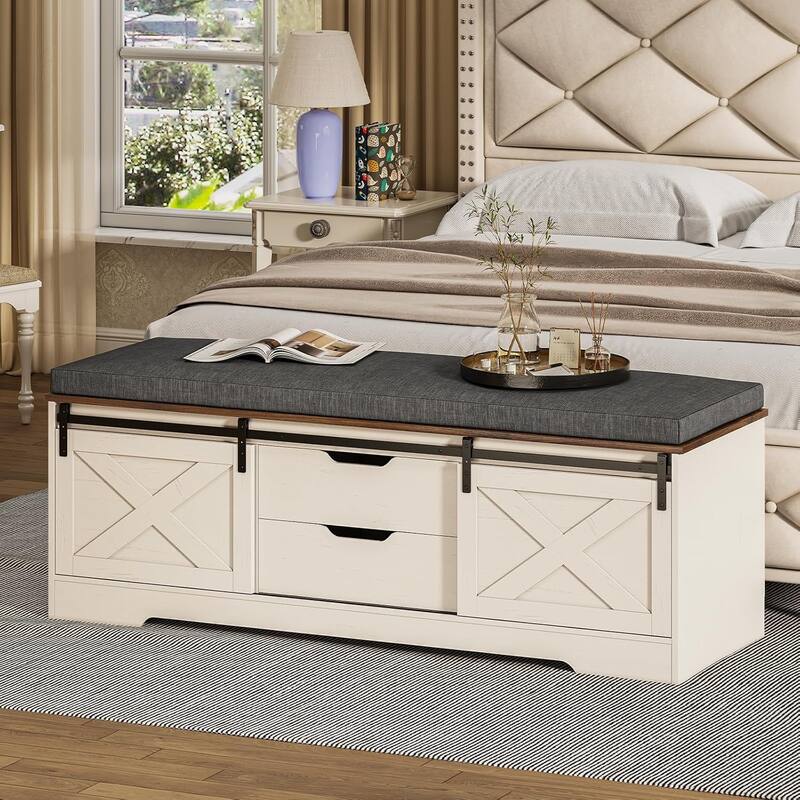Storage Bench with Cushion Adjustable Shelf Shoe Rack Cabinet - 59.8"