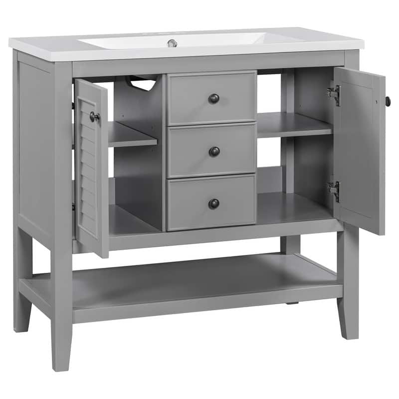 36" Bathroom Vanity with/without Sink, Bathroom Vanity Cabinet with 2 Cabinets and Drawers, Open Shelf, Solid Wood Frame - Bathroom Vanity with Sink - Grey