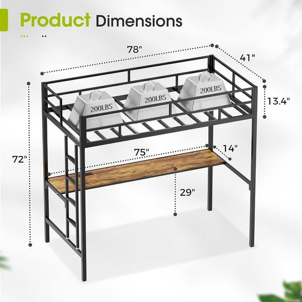 Metal Twin Size Loft Bed with Desk and LED Light, Power Outlet