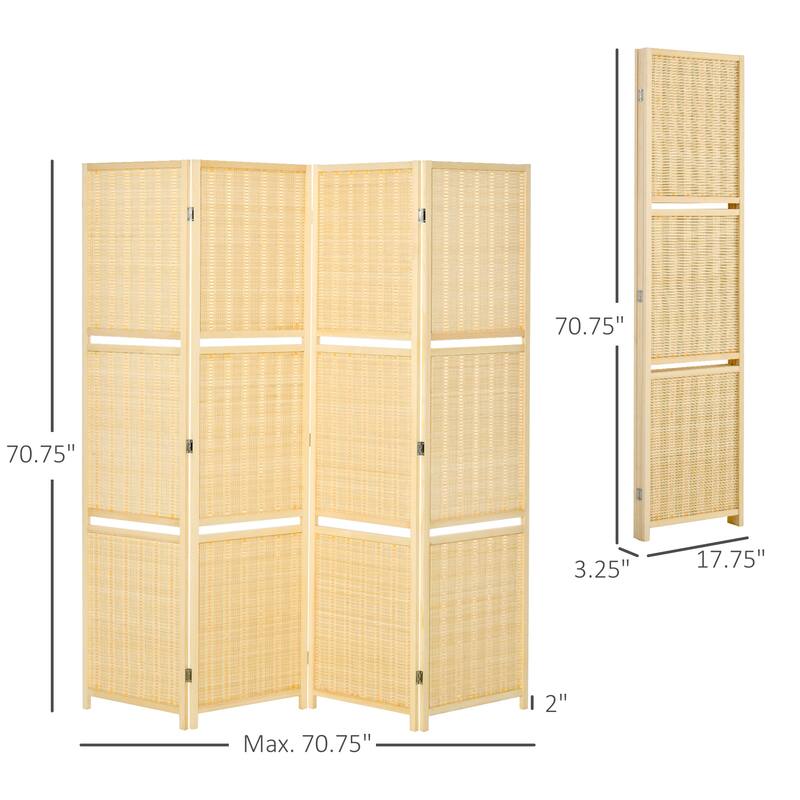 4-Panel Bamboo Folding Room Divider Screens with Storage Shelves