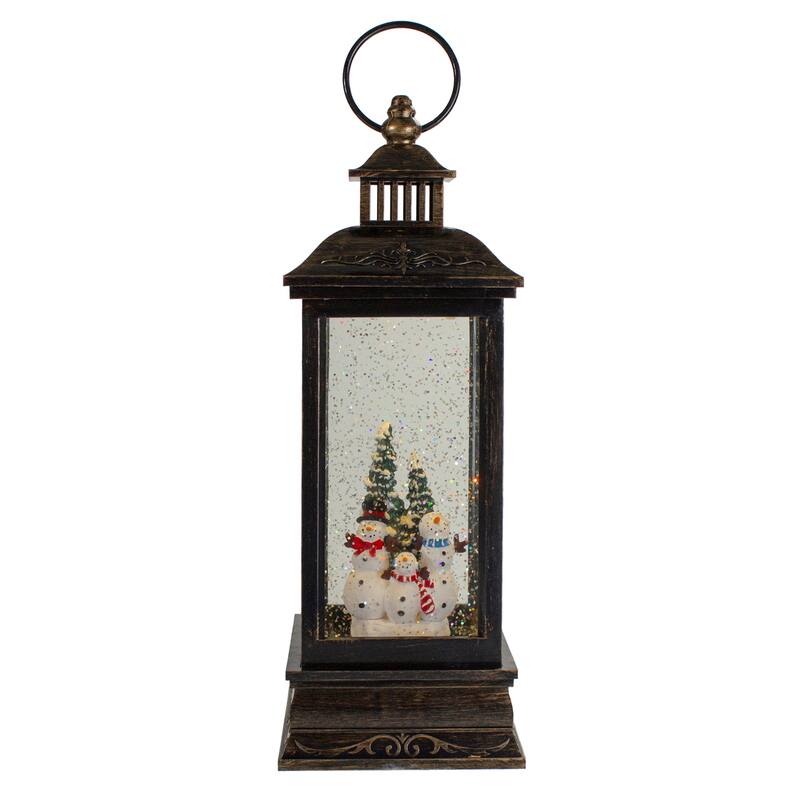 11" Black with Brushed Gold LED Snowman Family Christmas Lantern Snow Globe