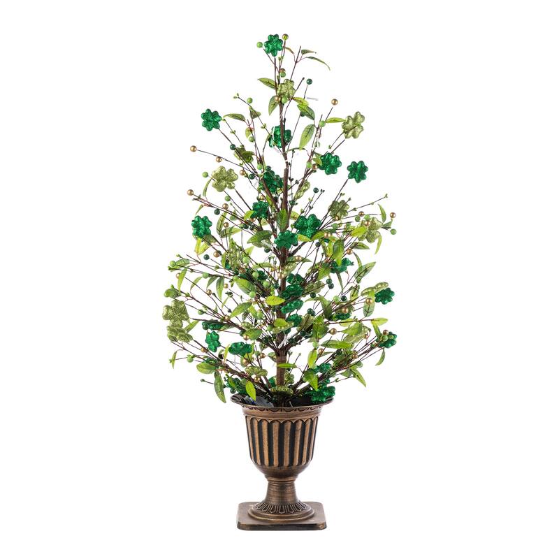 Glitzhome 36"H LED Lightd St. Patrick's Shamrock Urn Porch Tree with Timer