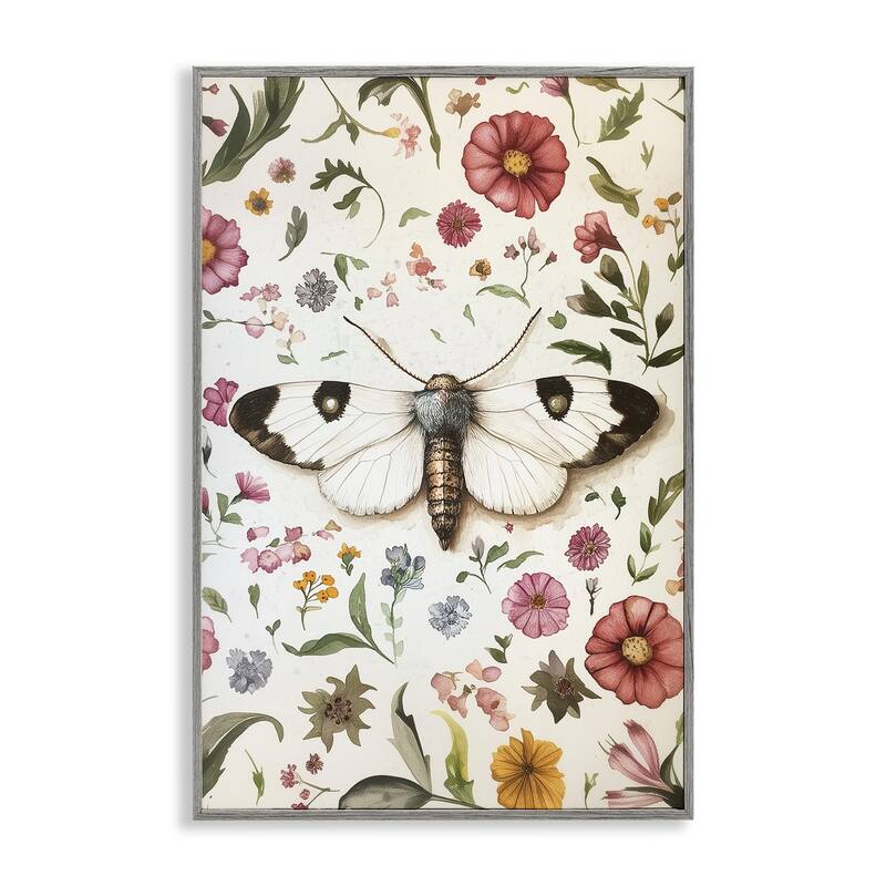 Stupell White Moth & Botanicals Framed Giclee Art Design By The Dutch Lady - 20 x 30 - Grey