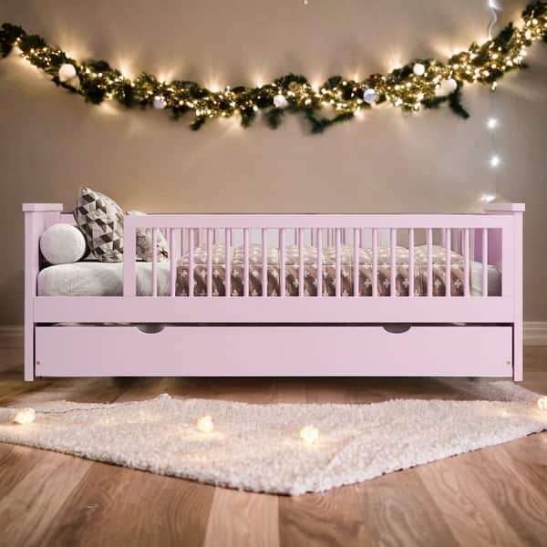 slide 2 of 14, Twin Platform Bed with Trundle and Guardrail,Kids Bed Design Pink