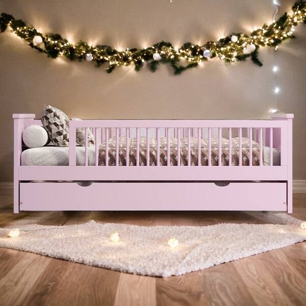 slide 2 of 14, Wood Twin Size Platform Bed with Guardrail,Trundle and Open Fence Design,Kids and Baby Pink