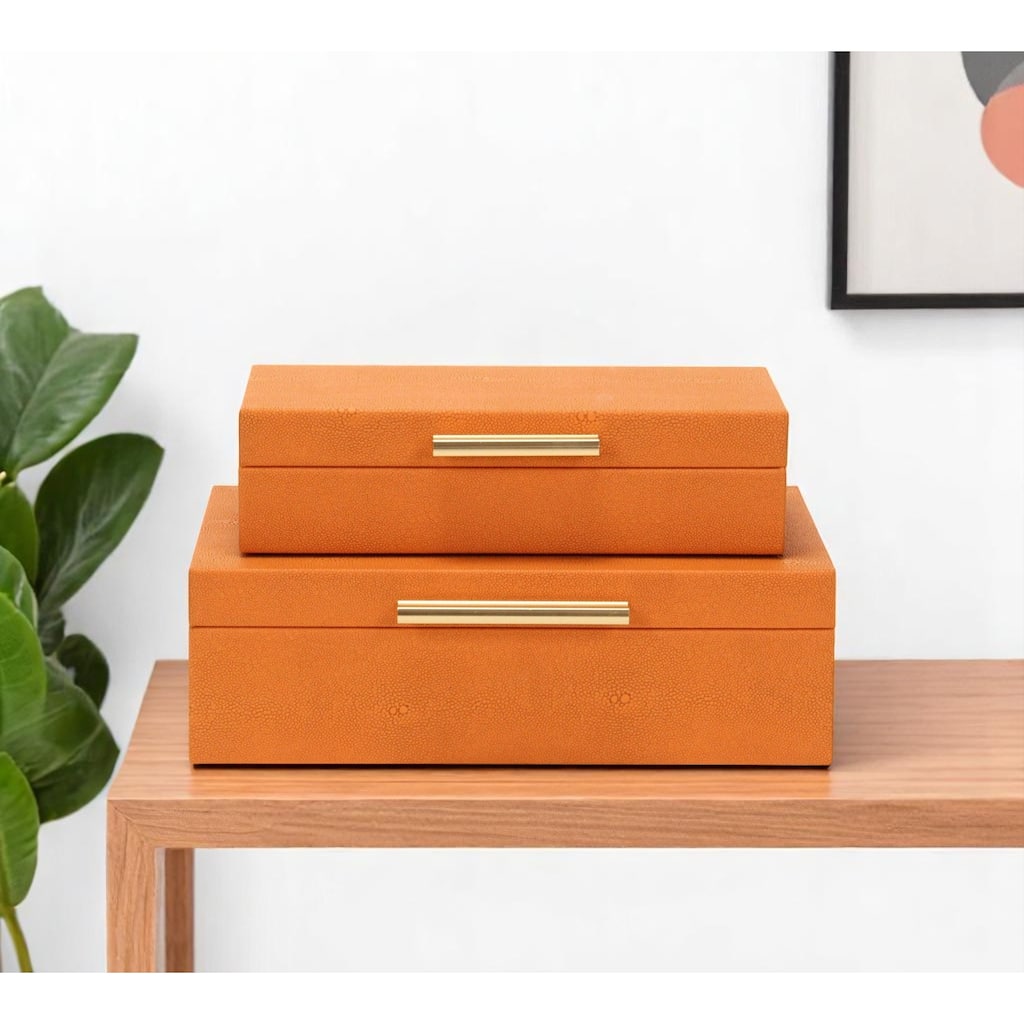 Set Of Two Orange Faux Shagreen Jewelry Boxes With Decorative Hardware