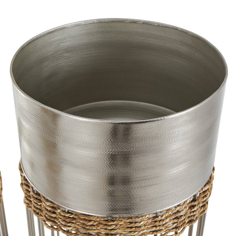 Silver or Gold Metal Caged Wire Planter with Woven Seagrass Accents (Set of 3)