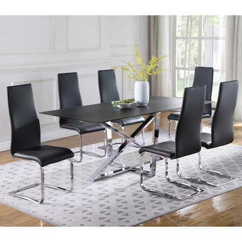 Modern Black Glass Woodgrain Designed Top and Chrome Finish Base Dining Set with Leatherette Chairs