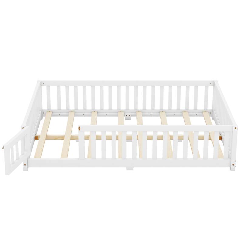 White Full Size Pine Wood Floor Bed with Safety Guardrails and Door