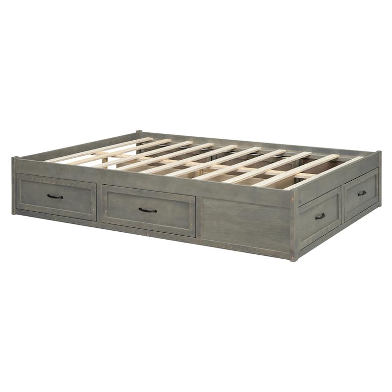 Queen Size Platform Bed Frame with 6 Built-In Storage Drawers, No Headboard, Low Profile Design in Antique