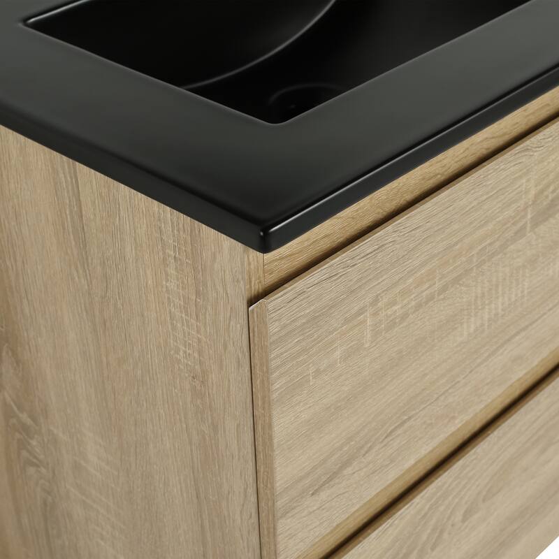 Modern 24" Floating Bathroom Vanity with Black Ceramic Basin, Soft-Close Drawers, Water-Resistant Melamine Surface