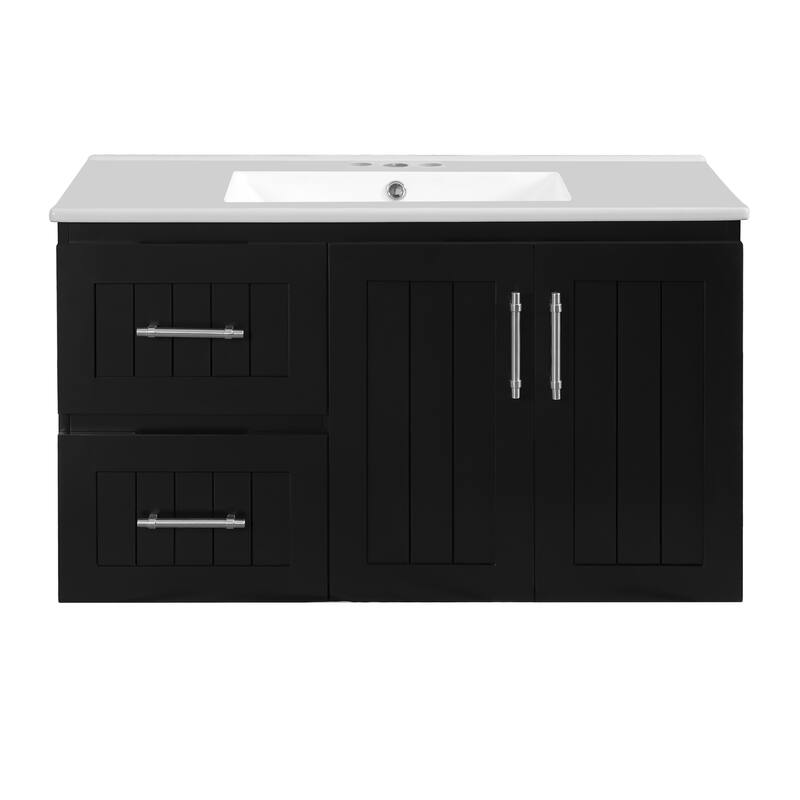 GDFStudio - Ardwell Modern Wall-Mounted Bathroom Vanity with 3 Holes Single Ceramic Sink, 2 Storage Drawers & Adjustable Shelf