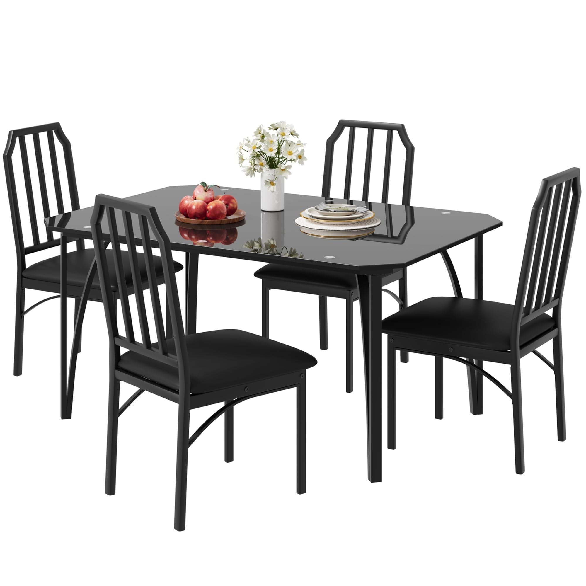 Dining Table Set for 5, Metal Frame & Glass Table, with Cushion Chairs