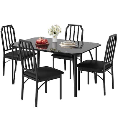 Dining Table Set for 5, Metal Frame & Glass Table, with Cushion Chairs
