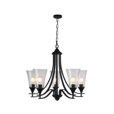5-light Matte Black Chandelier w/ Seeded Bell Glass
