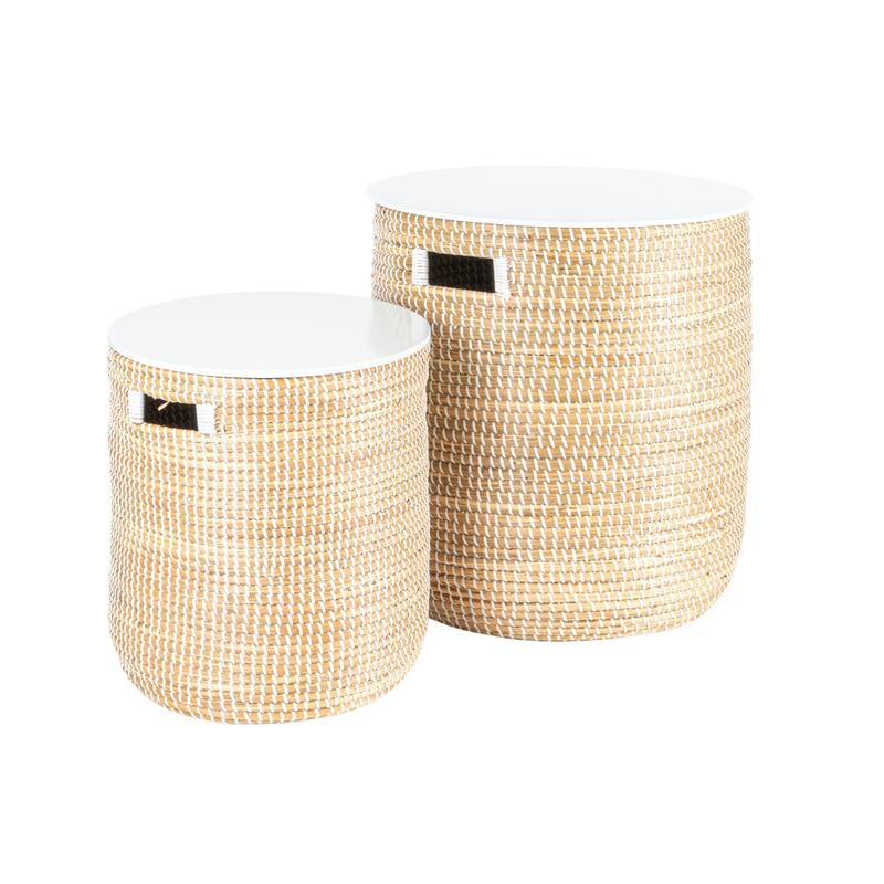 Seagrass Tables with Storage and Wood Tops