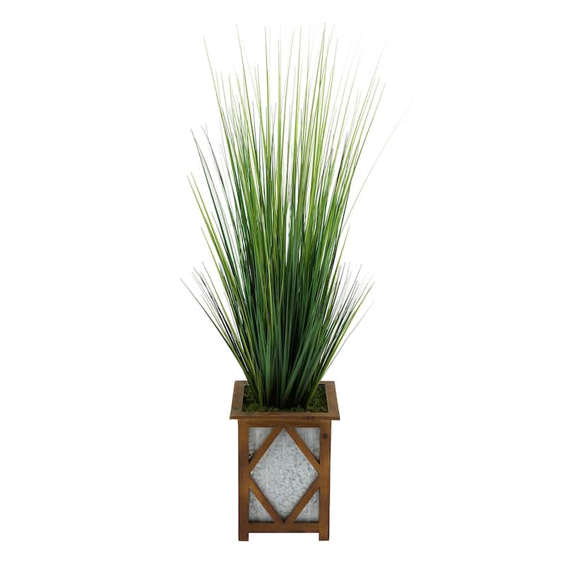 Faux PVC Grass in Short Wood/ Metal Planter