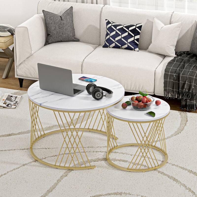 Anmytek Round Nesting Coffee Table Set of 2, White Modern End Tables Living Room Faux Marble Sofa Beside Table