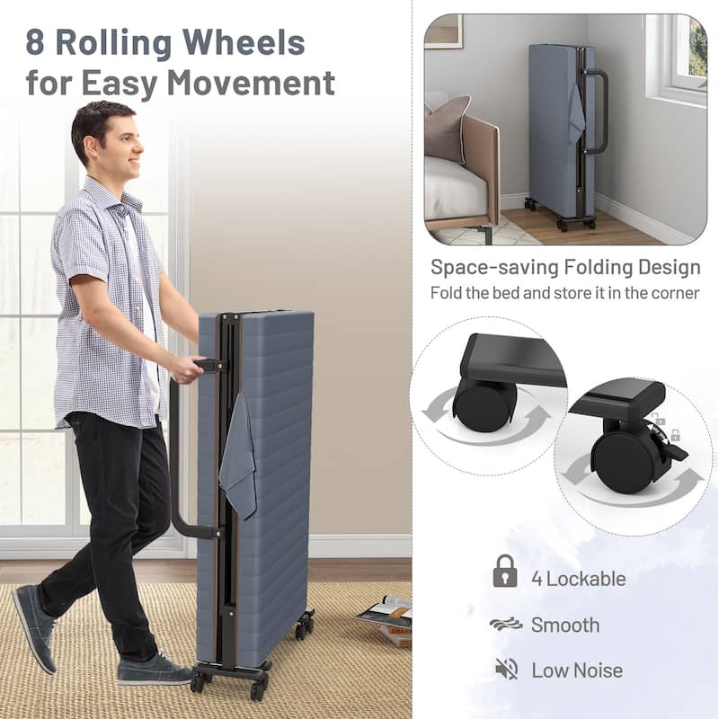 Adjustable Folding Guest Bed Frame with Mattress and Wheels