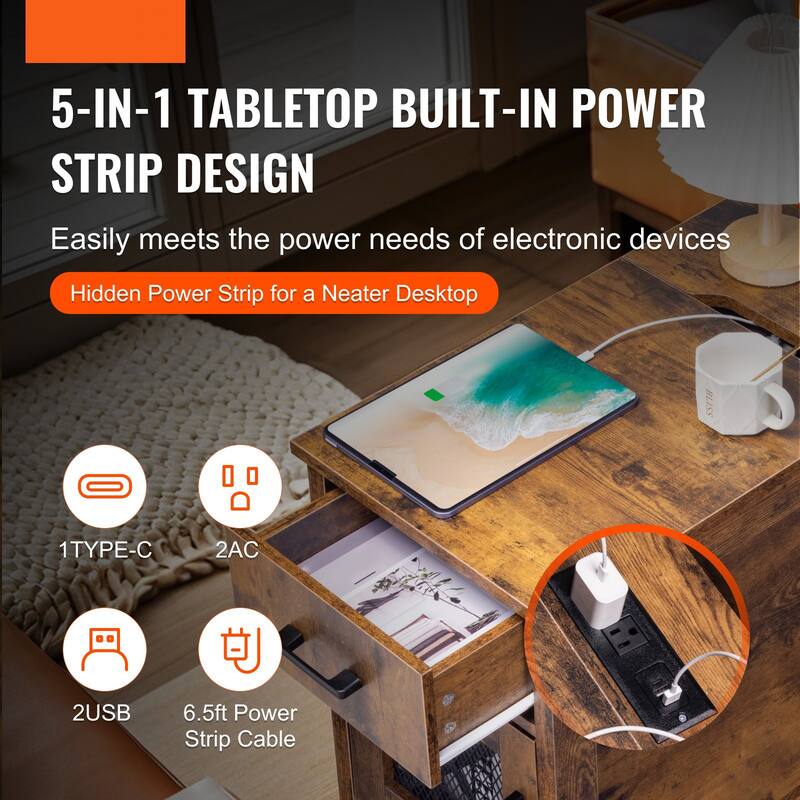 Natural Wood Particle Board End Table with Drawer and Power Strip - 23.98” L x 14.02” W x 24.02” H