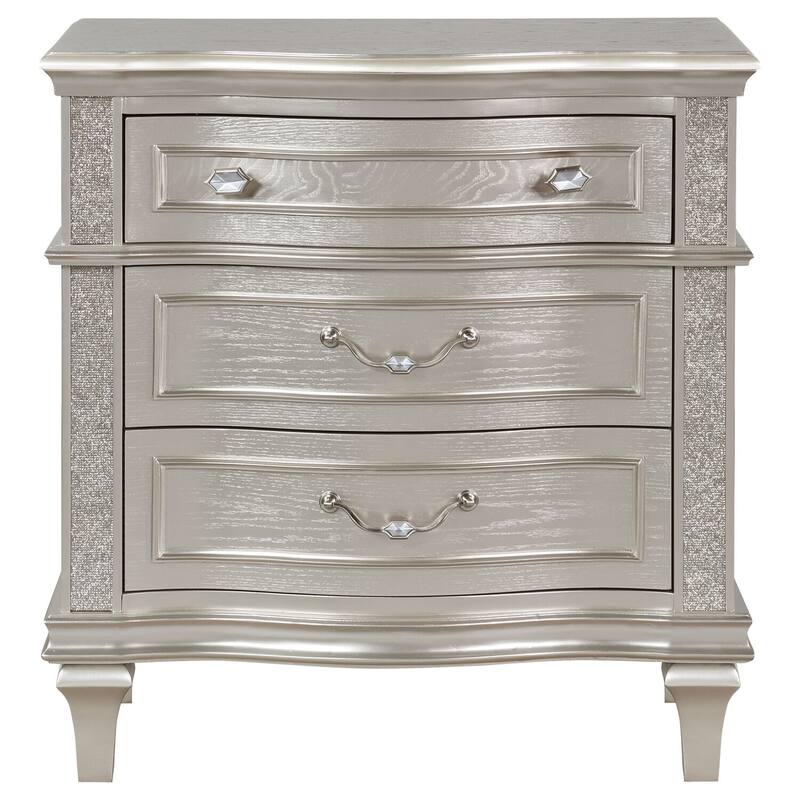 Silver Oak 3-Drawer Nightstand with Sparkling Side Panels, Felt Lined Top Drawer and Hidden USB Charging Port