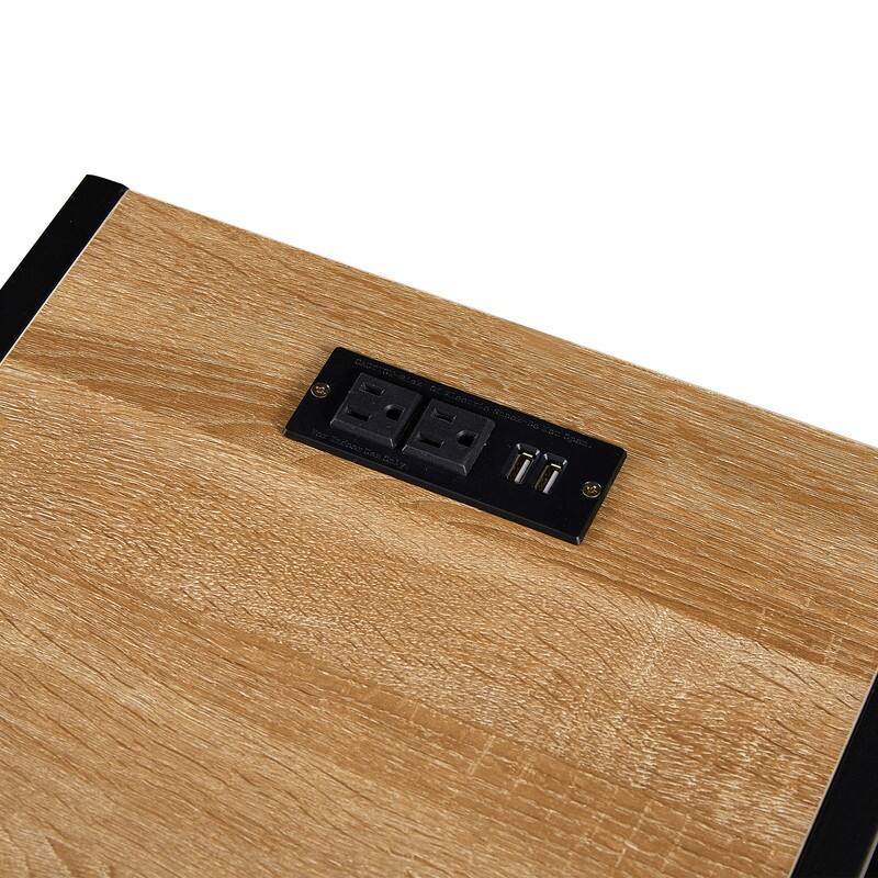 15.75" Modern Rattan End Table with Charging Station Nightstand with Drawer Metal Legs Side Table