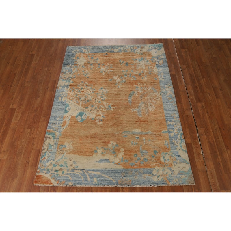 Vegetable Dye Orange Art Deco Turkish Rug Hand-Knotted Wool Carpet - 4'10"x 6'8"