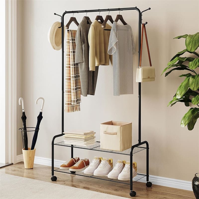 Clothes Rack Garment Rack 2 In 1 Design Clothing Rack with 4 Wheels - 33.4"D x 12.5"W x 64.5"H - Black - 33.4"D x 12.5"W x 64.5"H