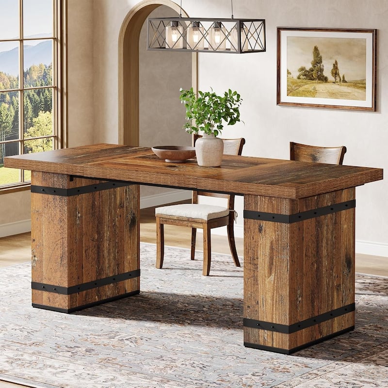 63" Dining Table, Rectangle Farmhouse Wood Kitchen Table with Metal-Trimmed Pedestal Base